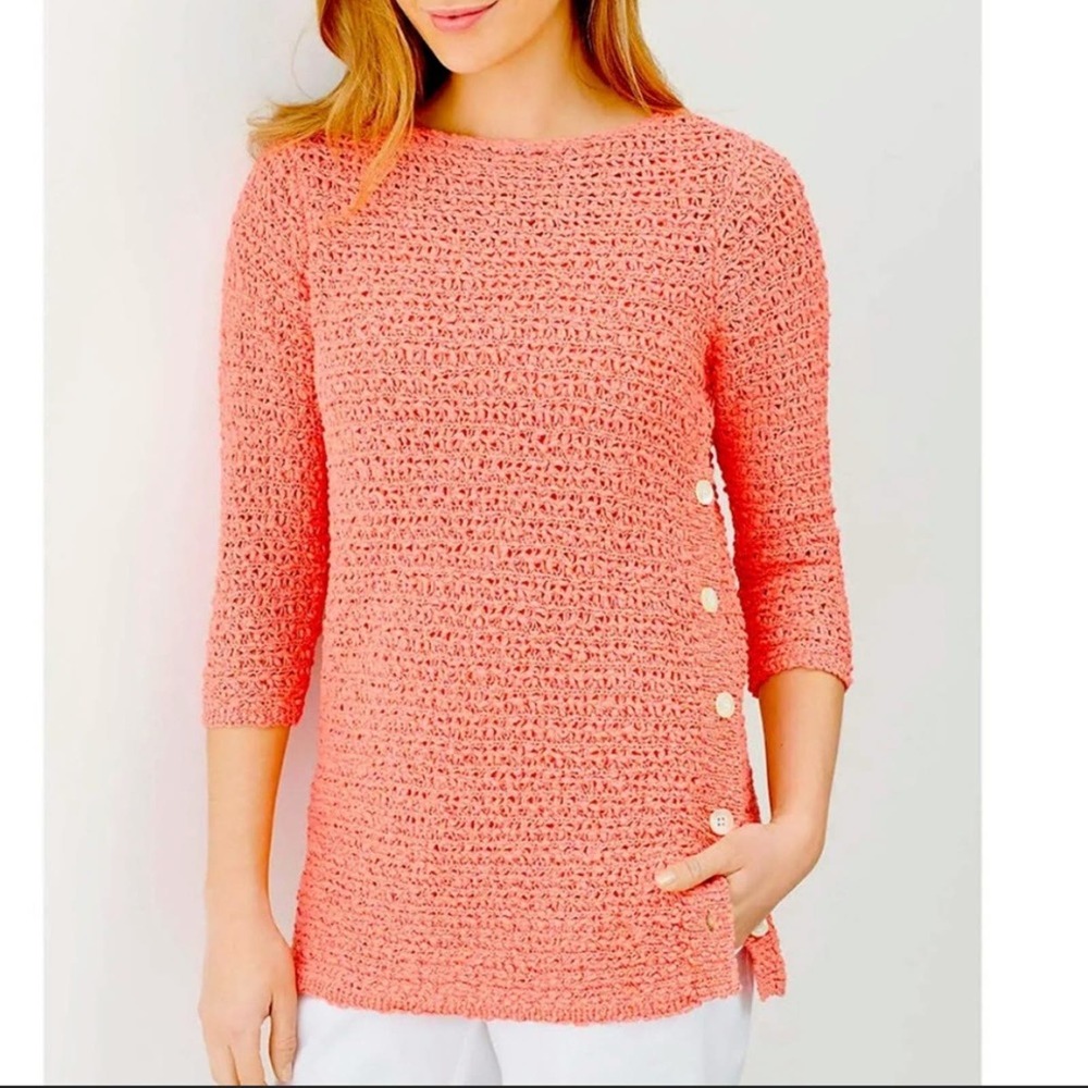 J Jill Open Stitch Side Button Sweater Women's S Coral Spring Summer